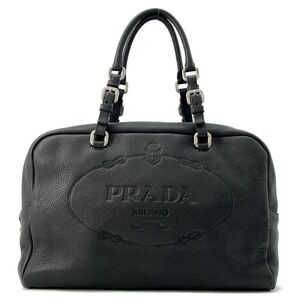 Prada handbag embossed logo leather Boston bag black